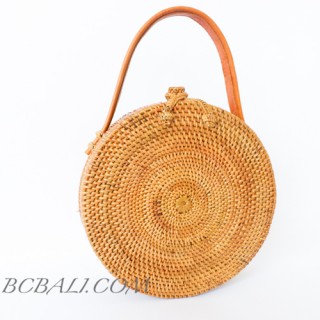 rattan hand woven ata grass lining full handmade circle short handle leather 